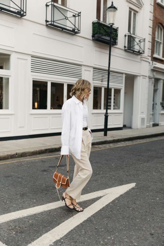 Emma Rose Style Beige Trousers and white shirt